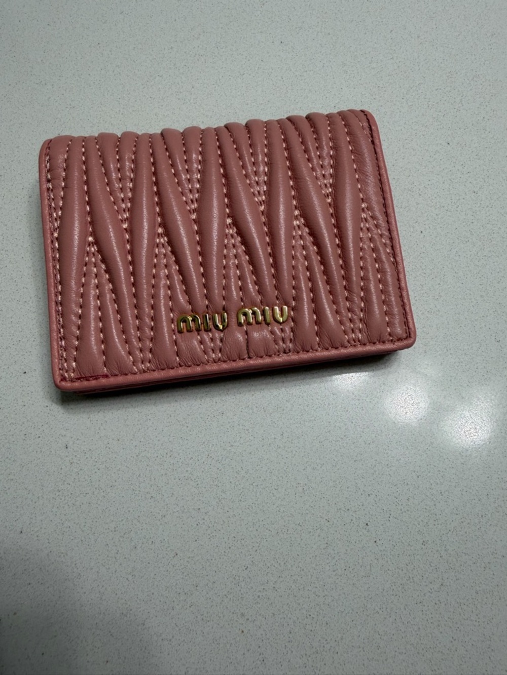 Miu Miu Rose Pink Quilted Matelassé Card Case with Gold Logo